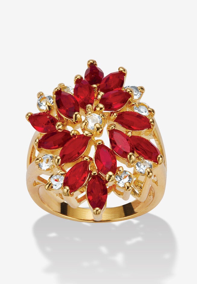 Red Crystal 18K Gold-Plated Flower Cocktail Ring, RED, hi-res image number 0