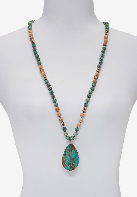 Genuine Multicolor Jasper Beaded Goldtone Bezel Set Pendant Necklace 36 Inch, , alternate image number null
