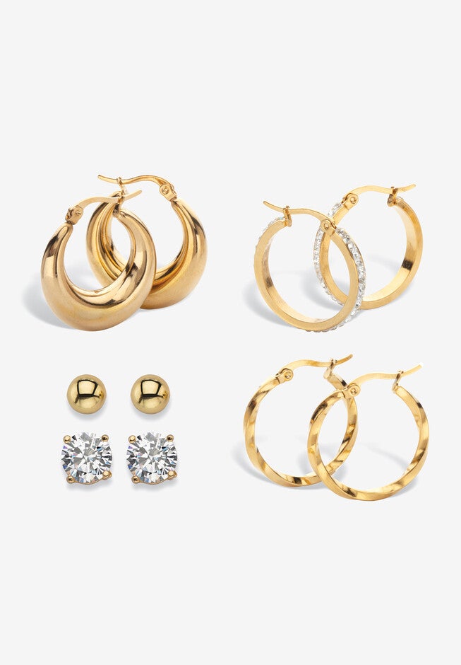 Yellow Gold Ion Plated Stainless & Goldtone Earring Set, GOLD, hi-res image number 0