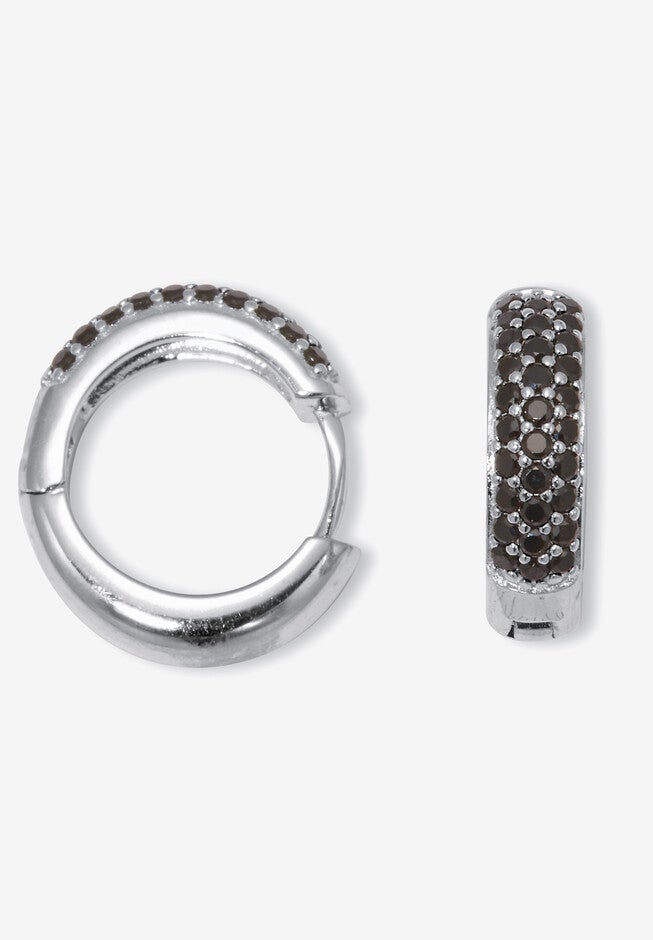 Round Genuine Black Spinel Sterling Silver Huggie Earrings, , on-hover image number 1