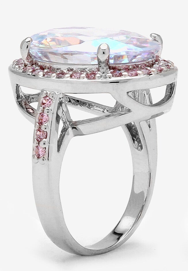 Silver Tone Aurora Borealis and Pink Halo Cocktail Ring, , on-hover image number 1