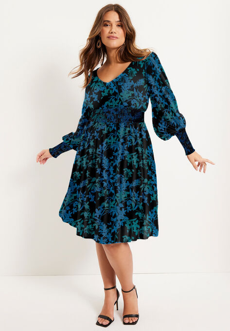 Smocked Waist Midi Dress, PEACOCK FLORAL BOUQUET, hi-res image number null