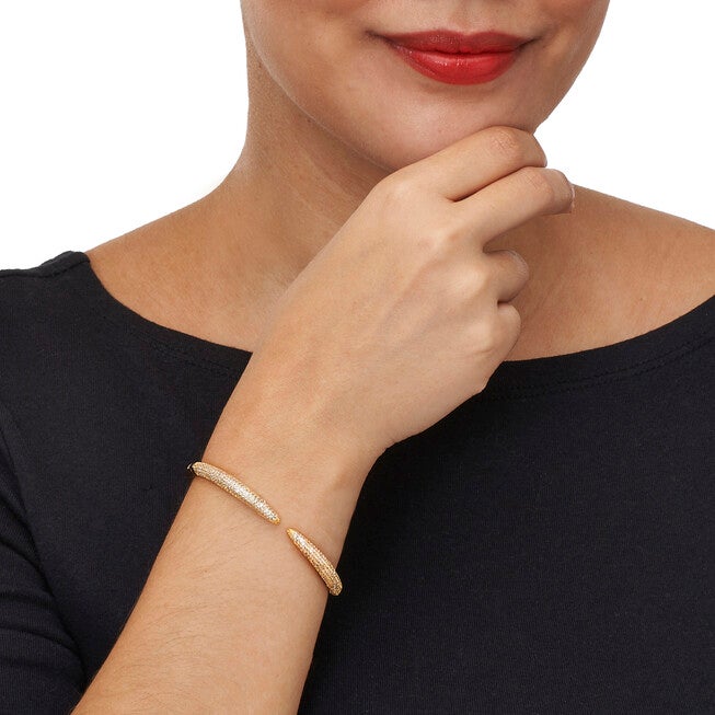Crystal Cuff Bangle Yellow Goldtone Sleek Bracelet 7-inch, WHITE, alternate image number null