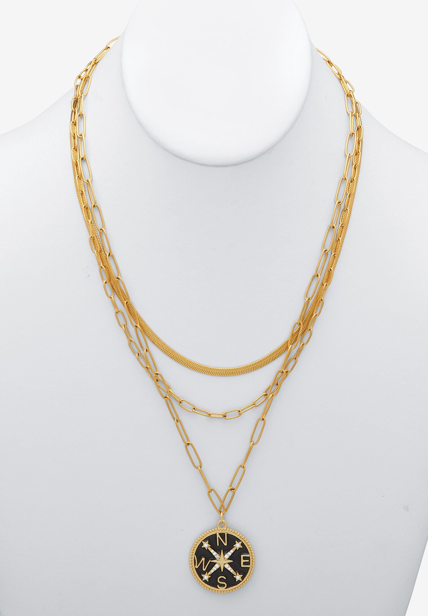 Yellow Gold Ion-Plated Stainless Steel 3-Strand Layered Necklace Set With Compass Pendant, , alternate image number 3