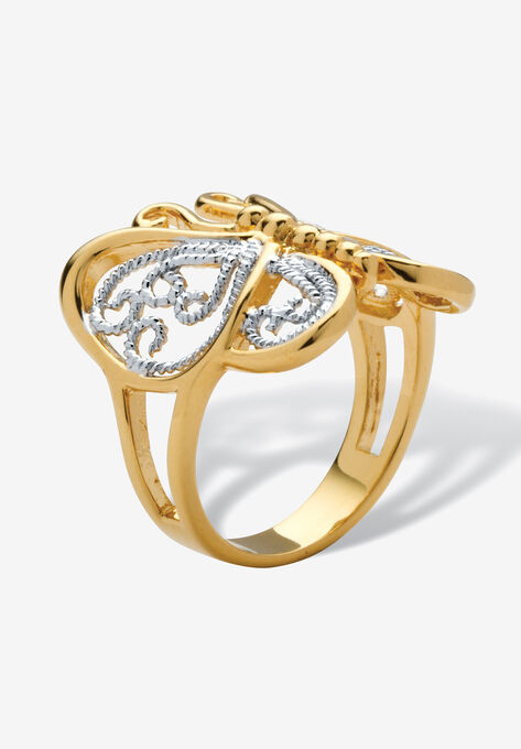 Yellow Gold Plated Two Tone Filigree Butterfly Ring, , on-hover image number null