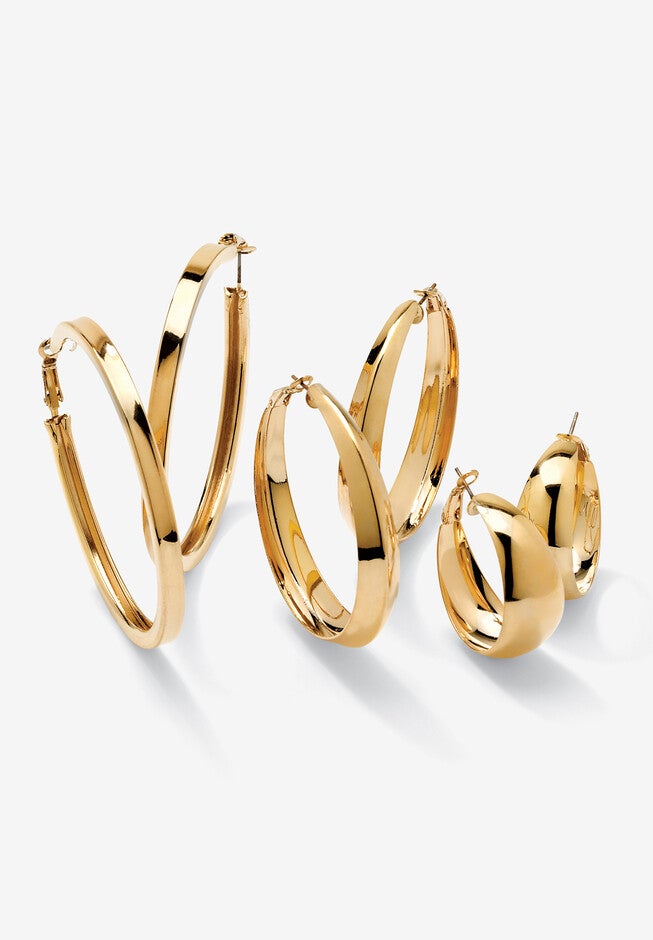 3 Pair Hoop Earrings Set In Yellow Goldtone, GOLD, hi-res image number null