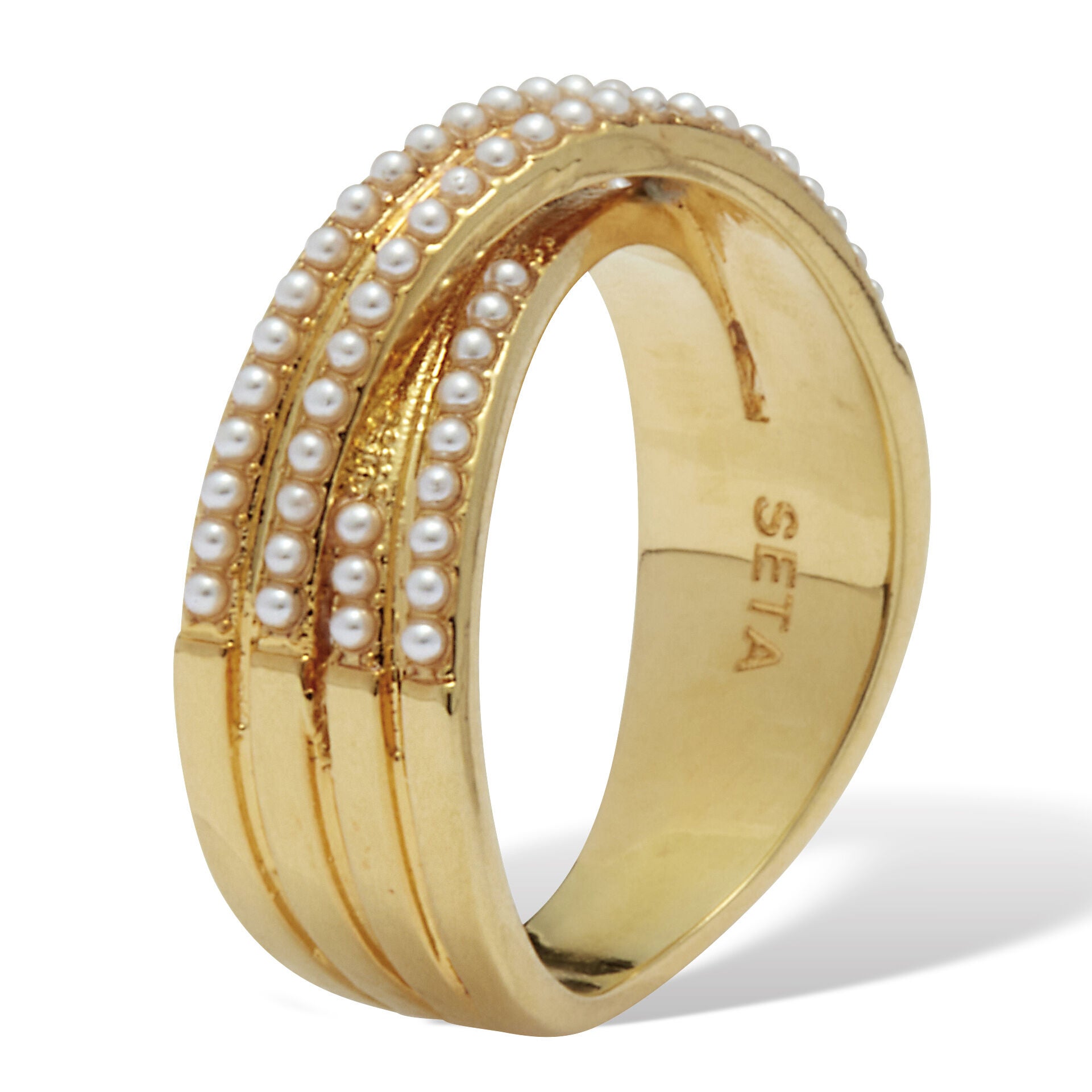 Crossover Pave Pearl 14K Gold-Plated  Ring, WHITE, on-hover image number 1