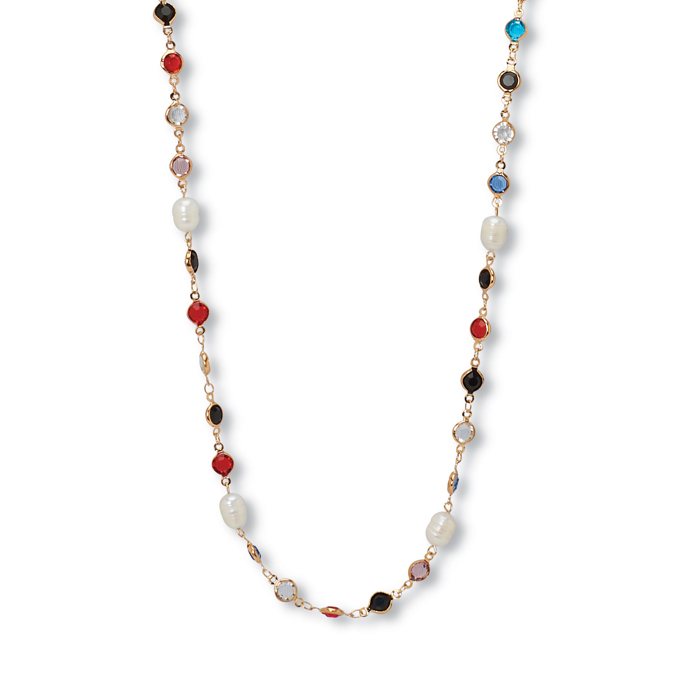 Colorful Crystal and Pearl Yellow Gold Ion-Plated Long Necklace, 40 Inches, RED, hi-res image number 0
