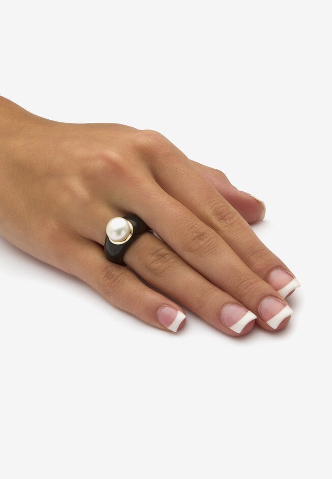 10K Black Pearl Ring Round Cultured Pearl Black Jade Yellow Gold Ring, , alternate image number null