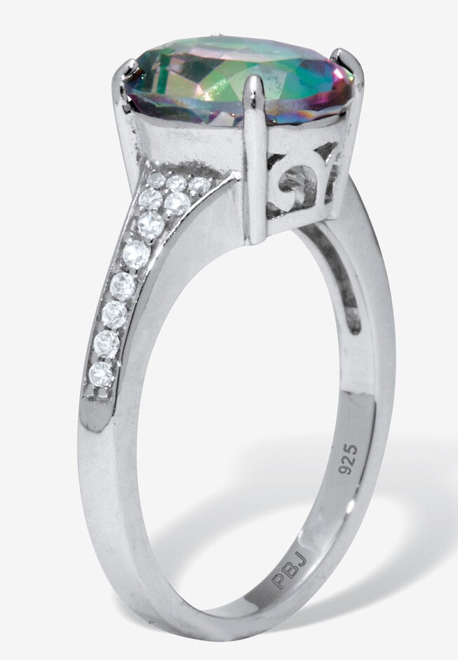 4.70 Tcw Oval Cut Genuine Mystic Fire Topaz And Cz Sterling Silver Ring, , on-hover image number null