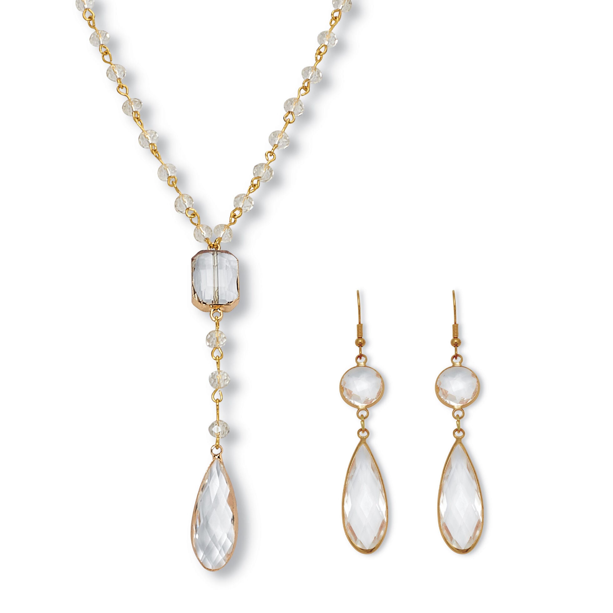Crystal Goldtone Vintage-Inspired Necklace and Earring Set, WHITE, hi-res image number 0