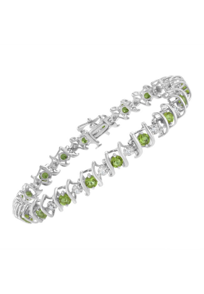 Sterling Silver Gemstone & Round Diamond Tennis Bracelet Green Peridot August Birthstone, , alternate image number null