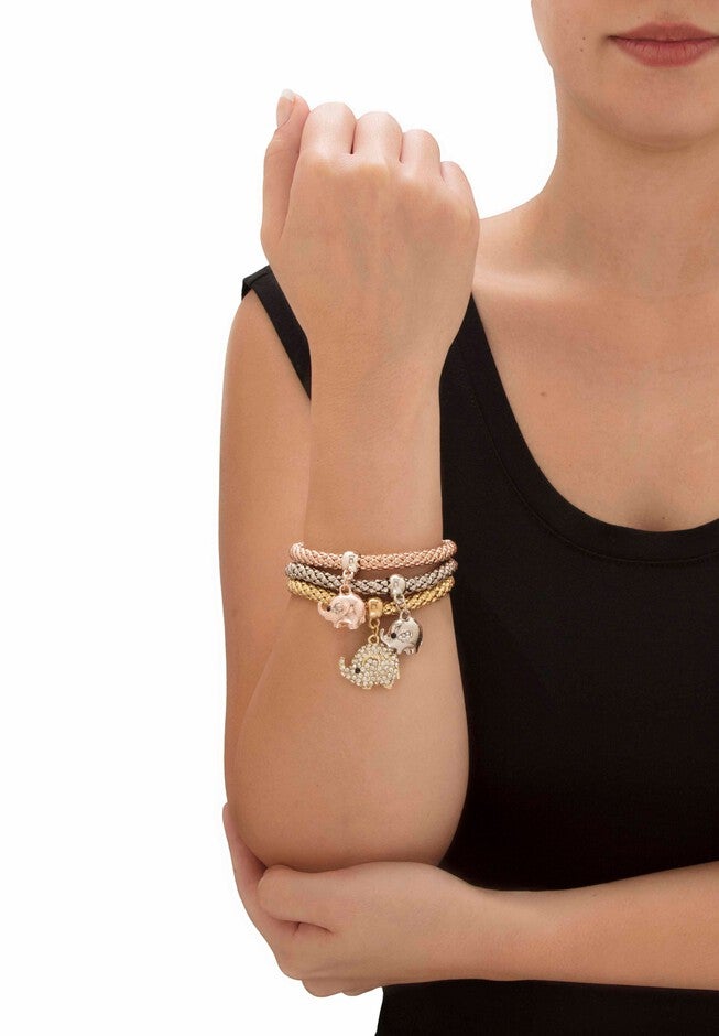 Gold Tone Crystal Elephant 8.5 inches Charm Stretch Bracelet Set, , alternate image number null