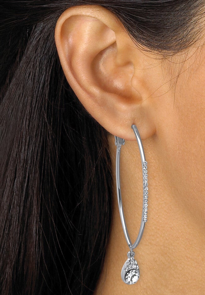Silvertone Teardrop Hoop Earrings (64Mm) Round Crystal Jewelry, , alternate image number null
