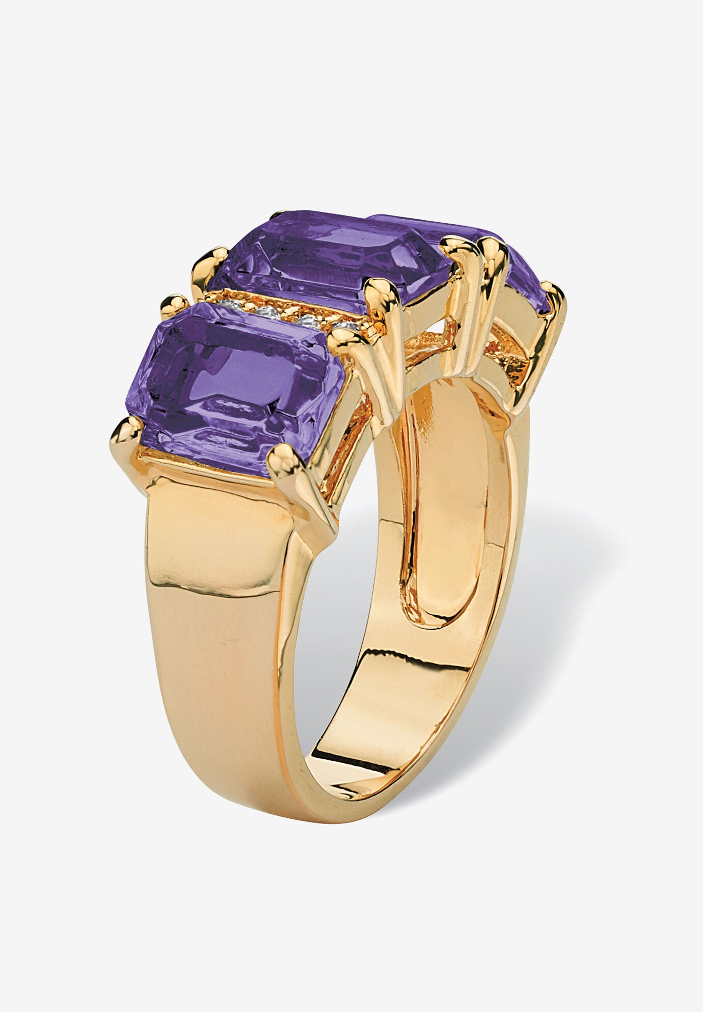 Yellow Gold-Plated Emerald Cut 3 -Stone Simulated Birthstone & CZ Ring, , on-hover image number 1