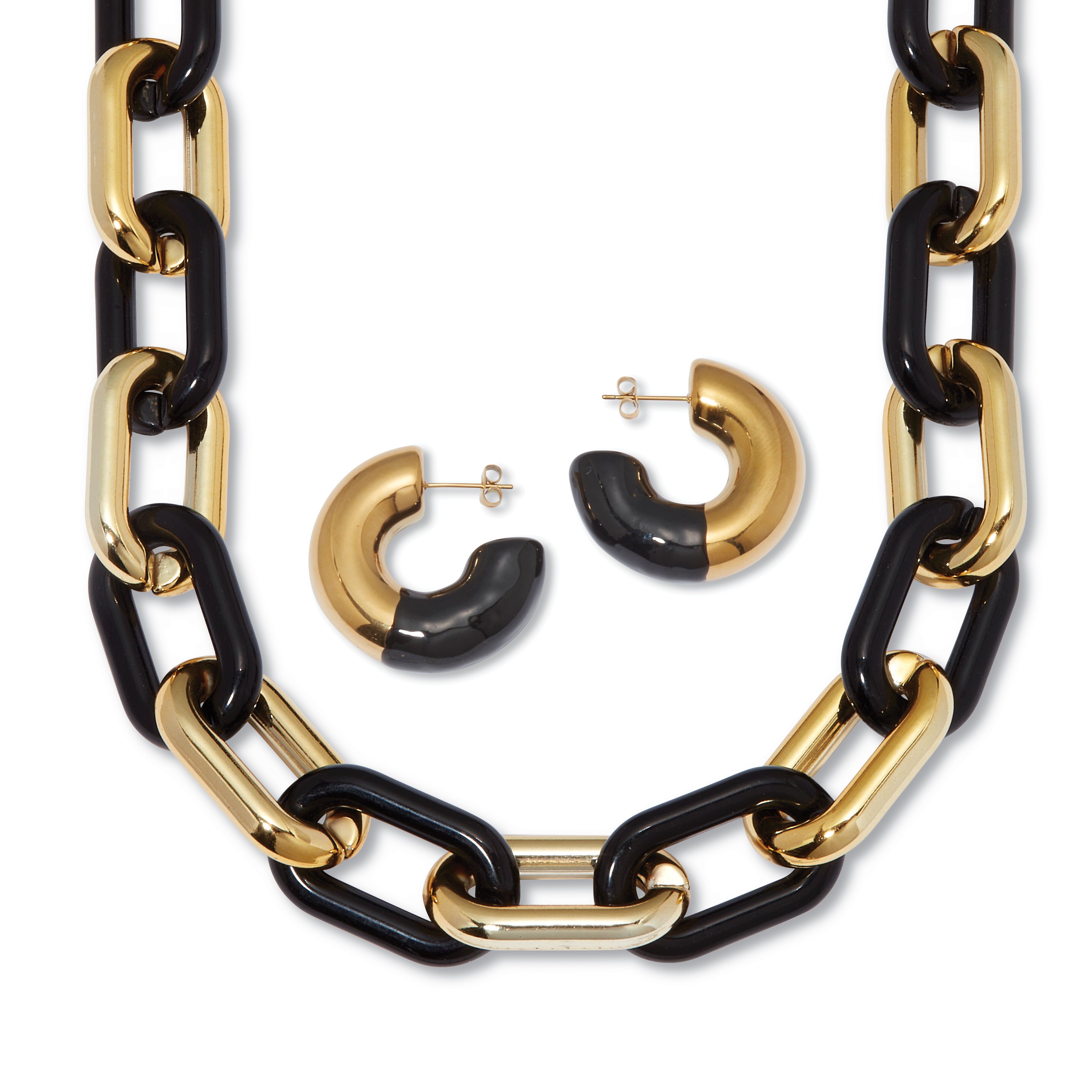 Acrylic Link Necklace Black and Gold Ion-Plated Stainless Steel Earrings Set, GOLD BLACK, hi-res image number 0