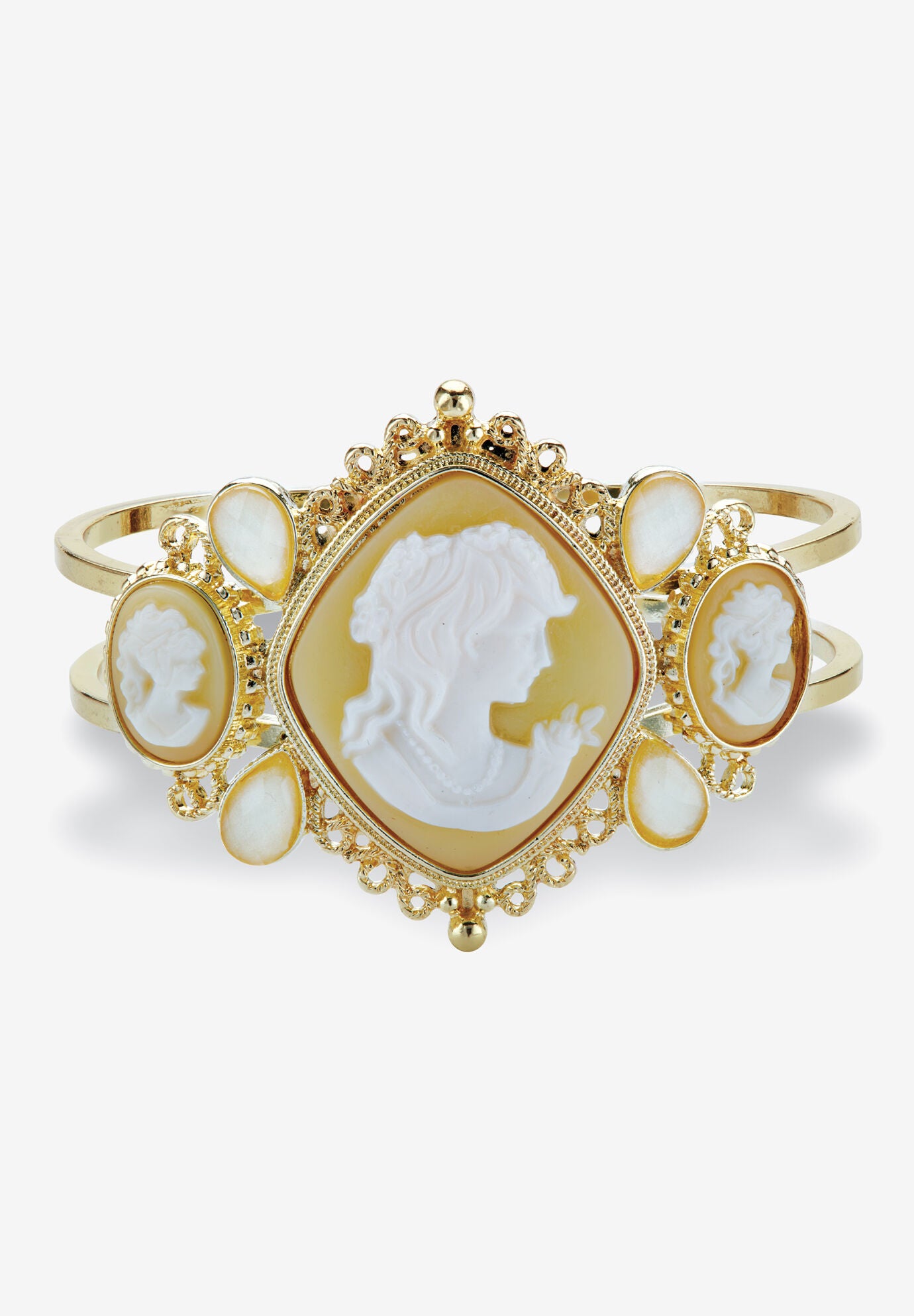 Vintage-Style Cameo Hinged Bangle Bracelet In Yellow Goldtone 7.5 inches, GOLD, hi-res image number 0