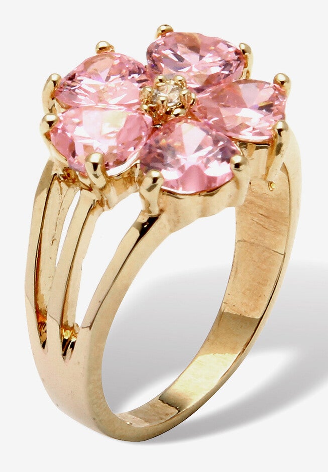 Yellow Gold-Plated Heart Shaped Flower Petals Ring Pink Cubic Zirconia Jewelry, , on-hover image number null