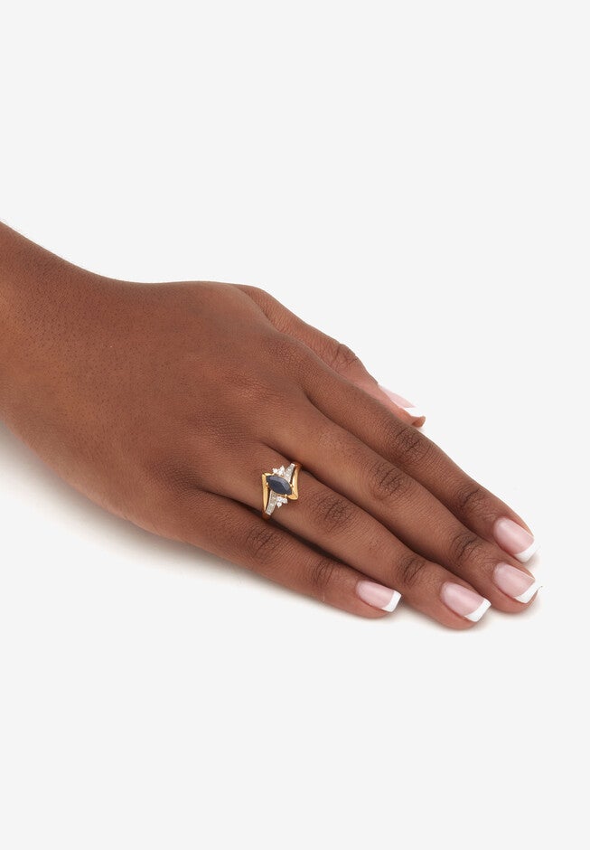 Marquise Cut Midnight Blue Sapphire And Cz 18K Gold-Plated Sterling Silver Ring, , alternate image number null