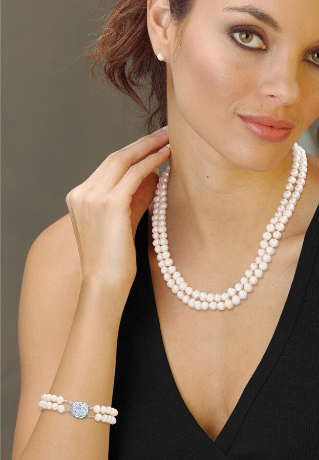 Pearl 3-Piece Earring, Double Strand Necklace And Bracelet Set In Sterling Silver 18 inches, , alternate image number 2