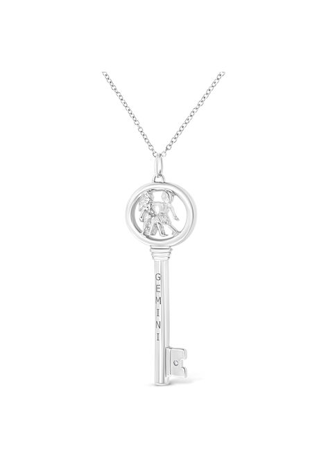 Sterling Silver Diamond Accent Gemini Zodiac Key Pendant Necklace, , alternate image number null