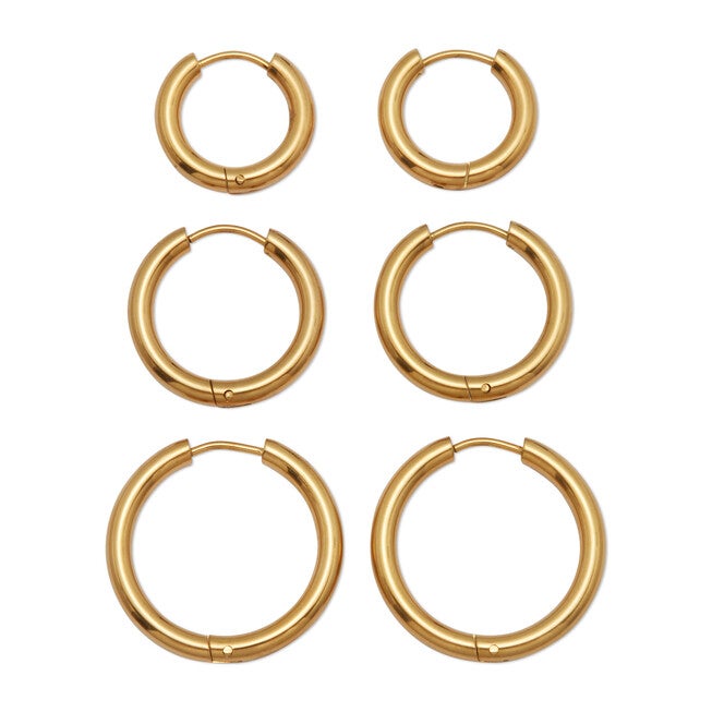 3-Pair Gold Ion-Plated Stainless Steel Hoops, 5/8 inches, 7/10 inches and 1 inches, YELLOW, on-hover image number null
