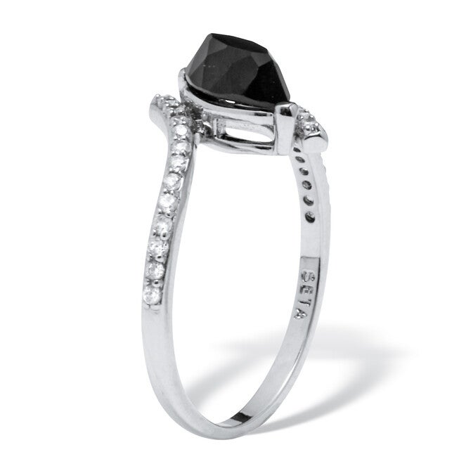 Marquise Genuine Onyx and Cubic Zirconia Silvertone Ring, BLACK, on-hover image number null