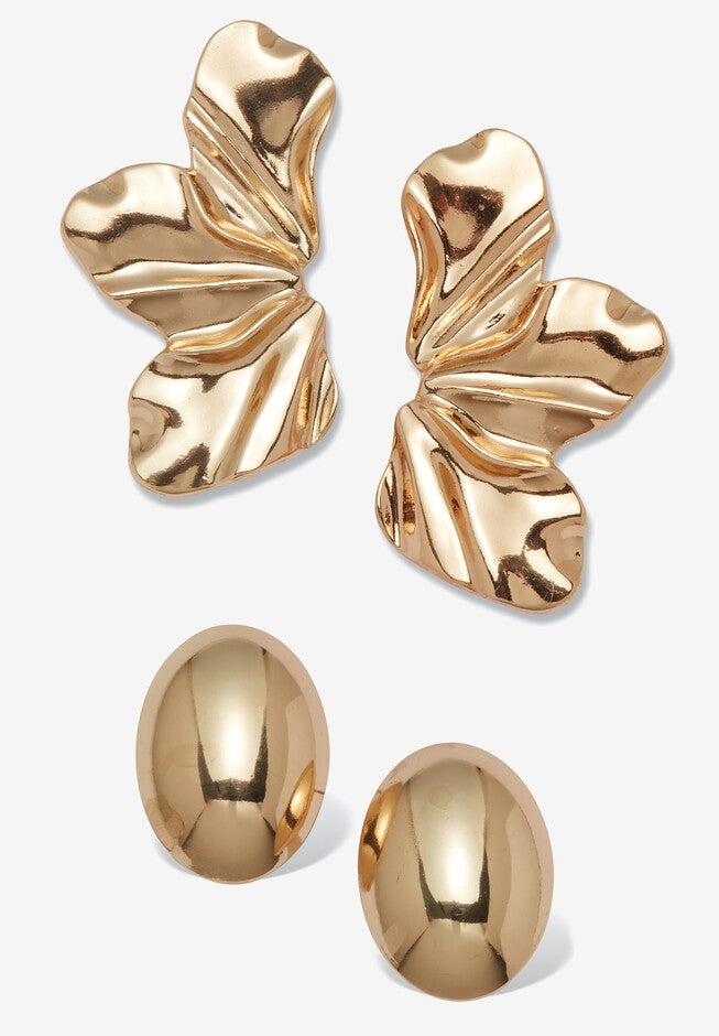 Goldtone Sculptural Floral Drop Earrings And Dome Earrings Set, GOLD, hi-res image number null