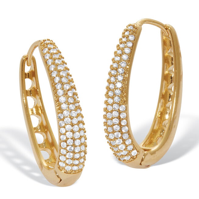 Crystal Four-Row Oval Pave-Style Goldtone Hoop Earrings, WHITE, hi-res image number null