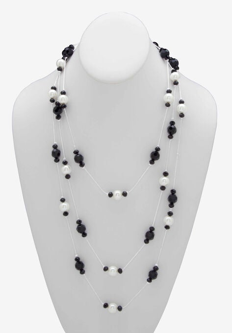 Simulated Black Onyx And Pearl Silvertone Beaded Multi-Strand Necklace 70", , alternate image number null