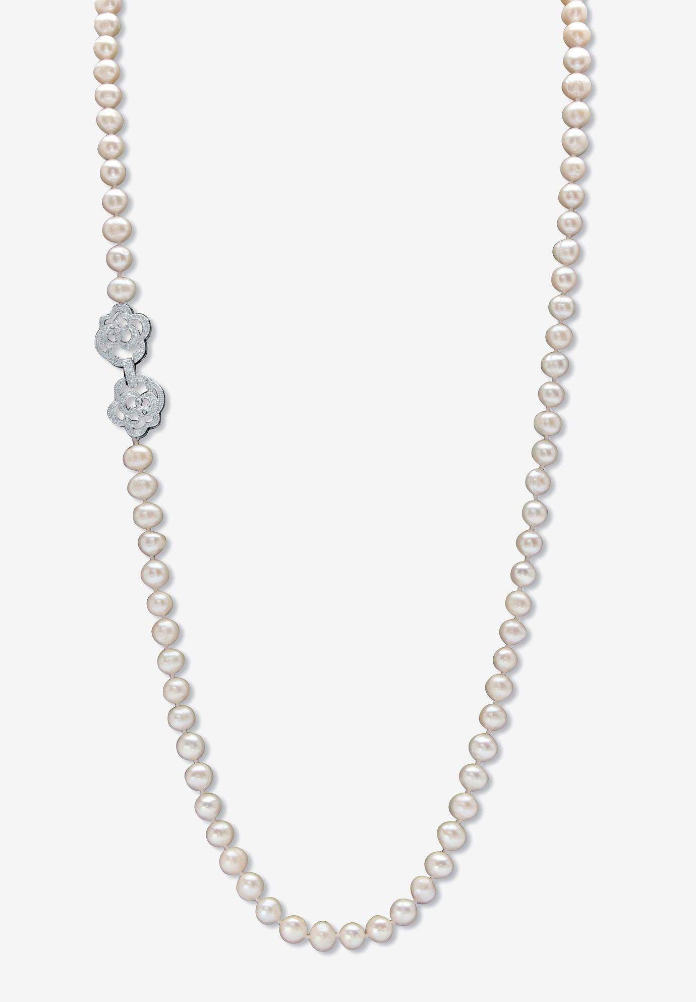 1.42 Cttw. White Genuine Pearl Necklace W/Cubic Zirconia Clasp Silvertone 32 inches, PEARL CUBIC ZIRCONIA, hi-res image number 0
