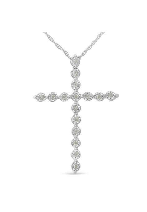 Sterling Silver Brilliantcut Diamond Miracleset Shared Prong Cross Pendant Necklace, WHITE, hi-res image number null