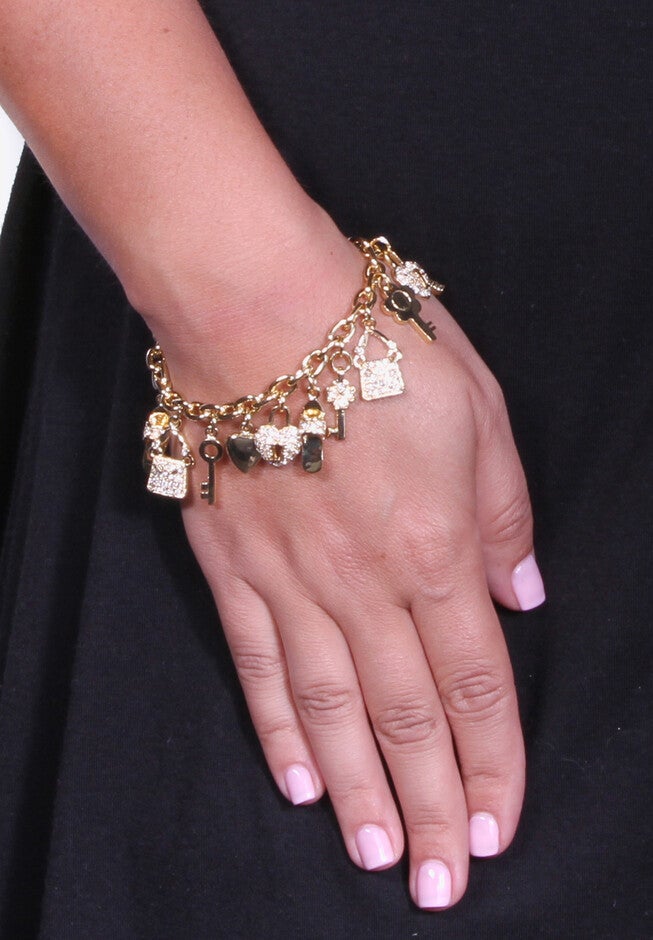 Gold-Plated Shoe,Purse,Heart Lock And Key Charm Bracelet, Crystal 7.5 inches, , alternate image number null
