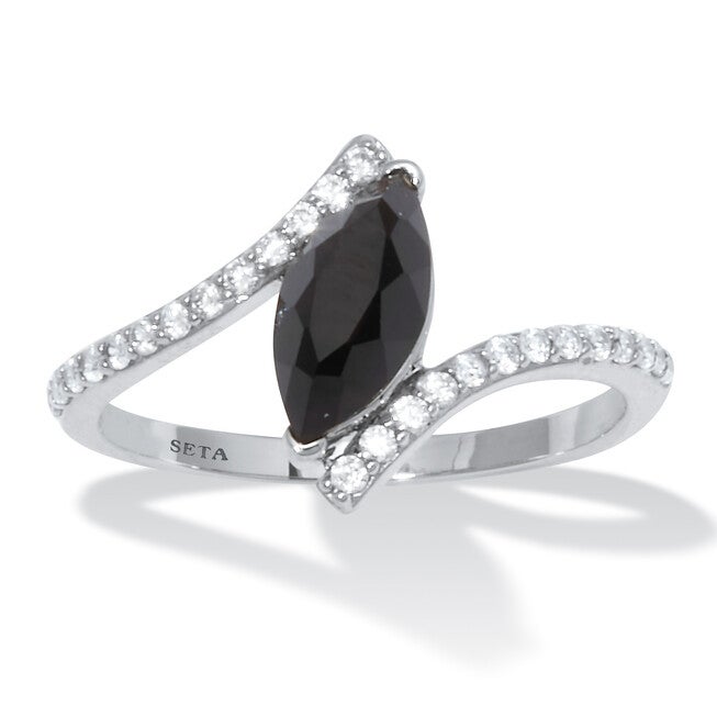 Marquise Genuine Onyx and Cubic Zirconia Silvertone Ring, BLACK, hi-res image number null