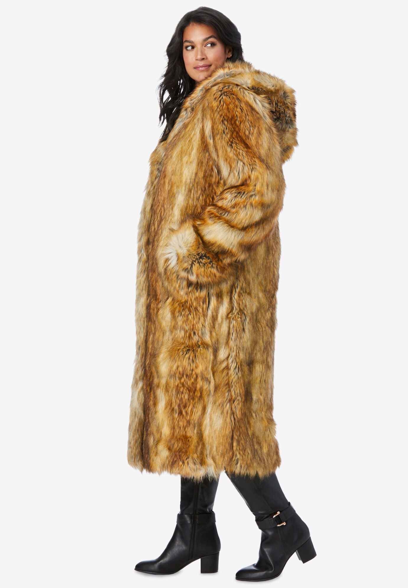 Full Length Faux Fur Coat with Hood Ellos