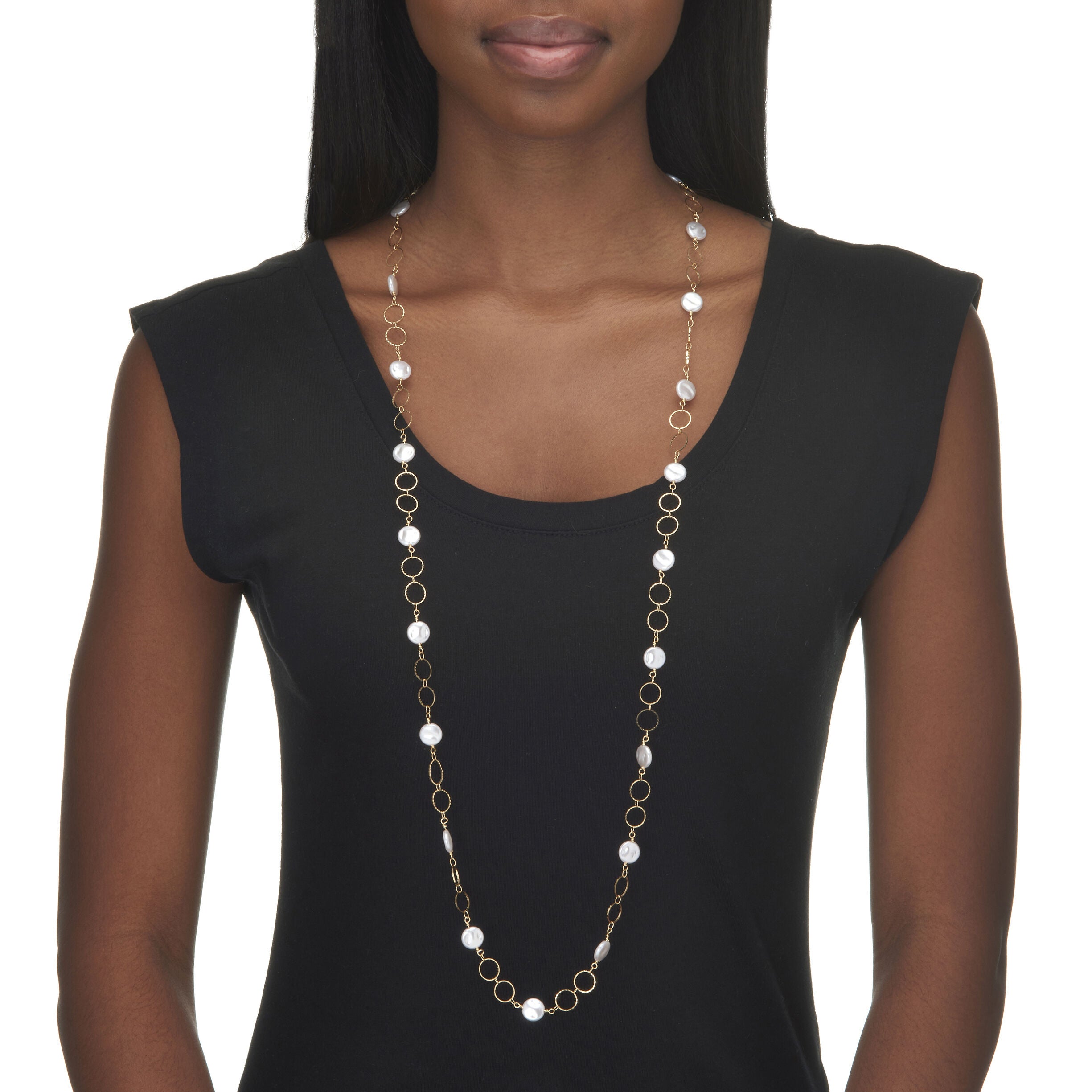 Round Genuine Mother of Pearl Hammered Goldtone Endless Necklace, 40 inches, WHITE, alternate image number 2