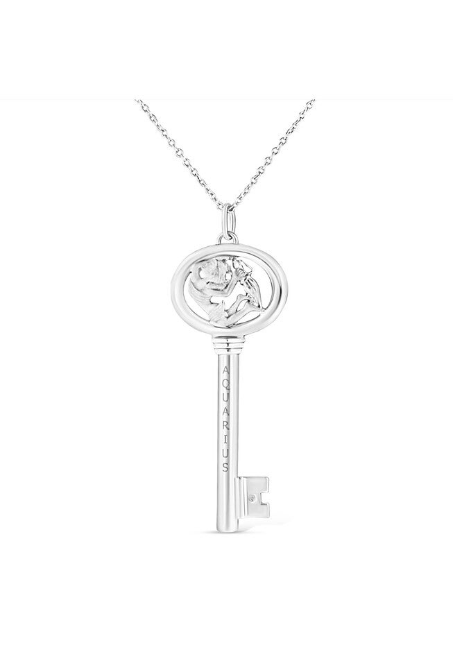 Sterling Silver Diamond Accent Aquarius Zodiac Key Pendant Necklace, WHITE, hi-res image number null