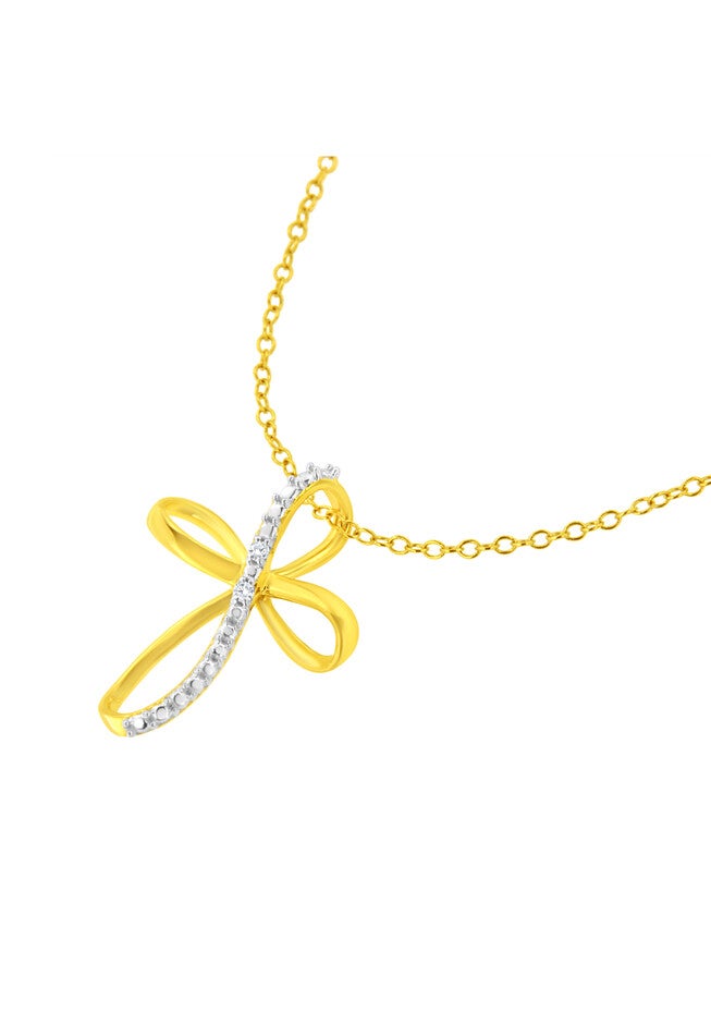 Yellow Gold Plated Sterling Silver Diamond Accent Cross Ribbon Pendant Necklace, , alternate image number null