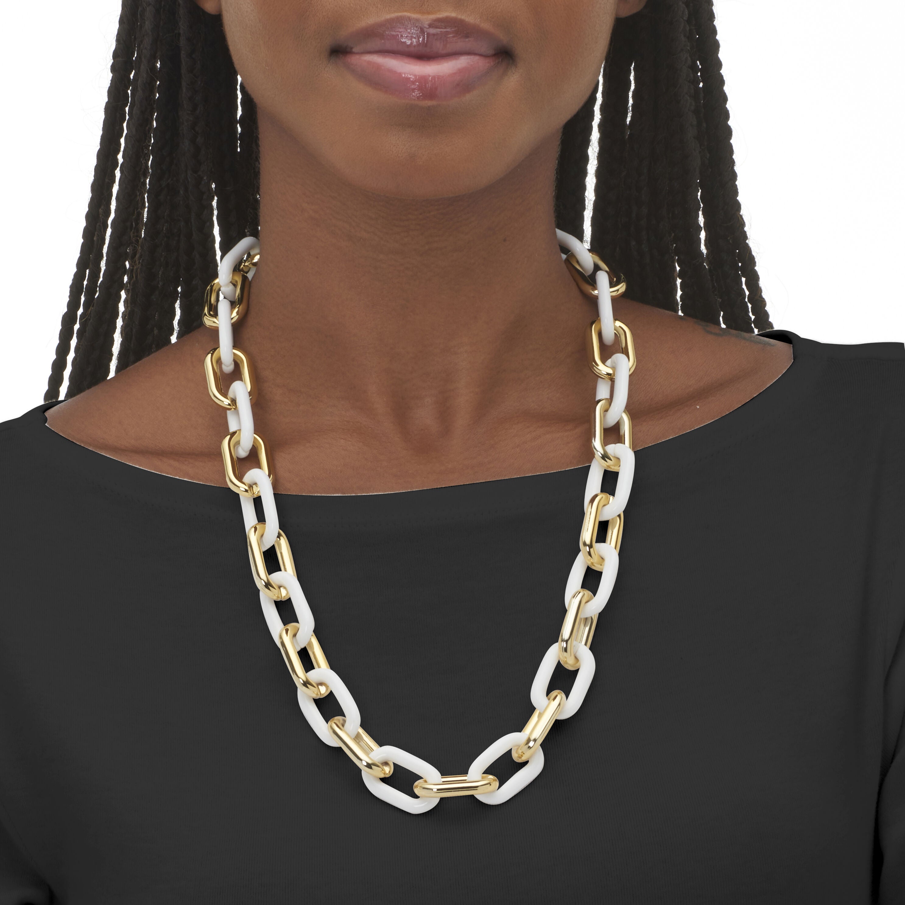 Acrylic Link Necklace and Gold Ion-Plated Stainless Steel Hoop Earrings Set, GOLD, alternate image number 2