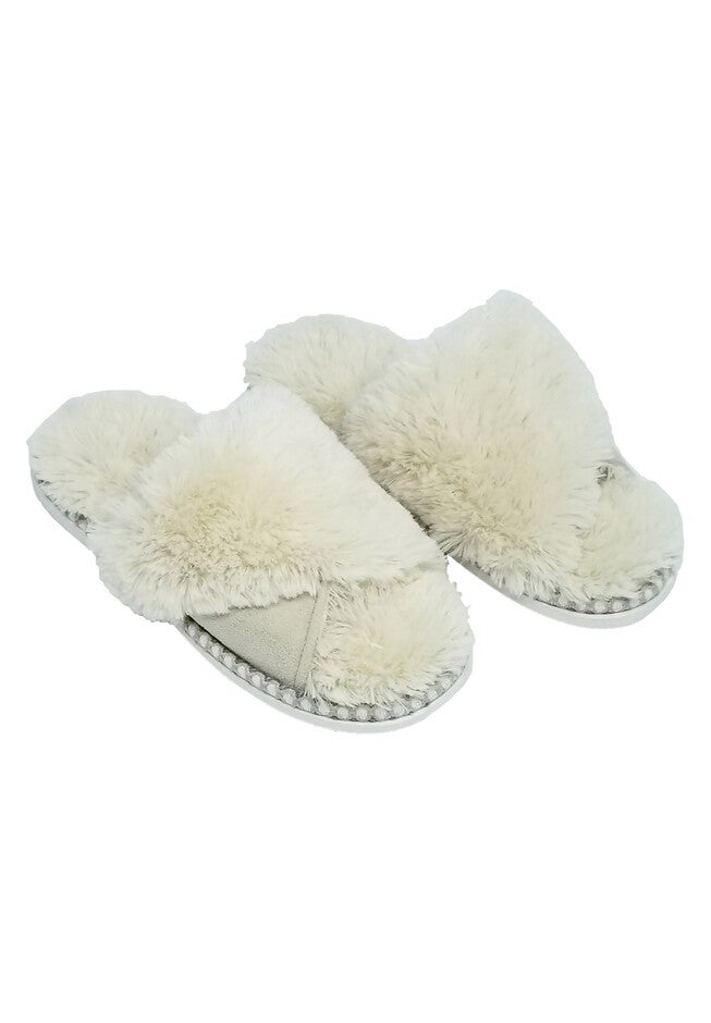 Faux Fur Criss Cross Open Toe Scuff Slippers, , alternate image number null