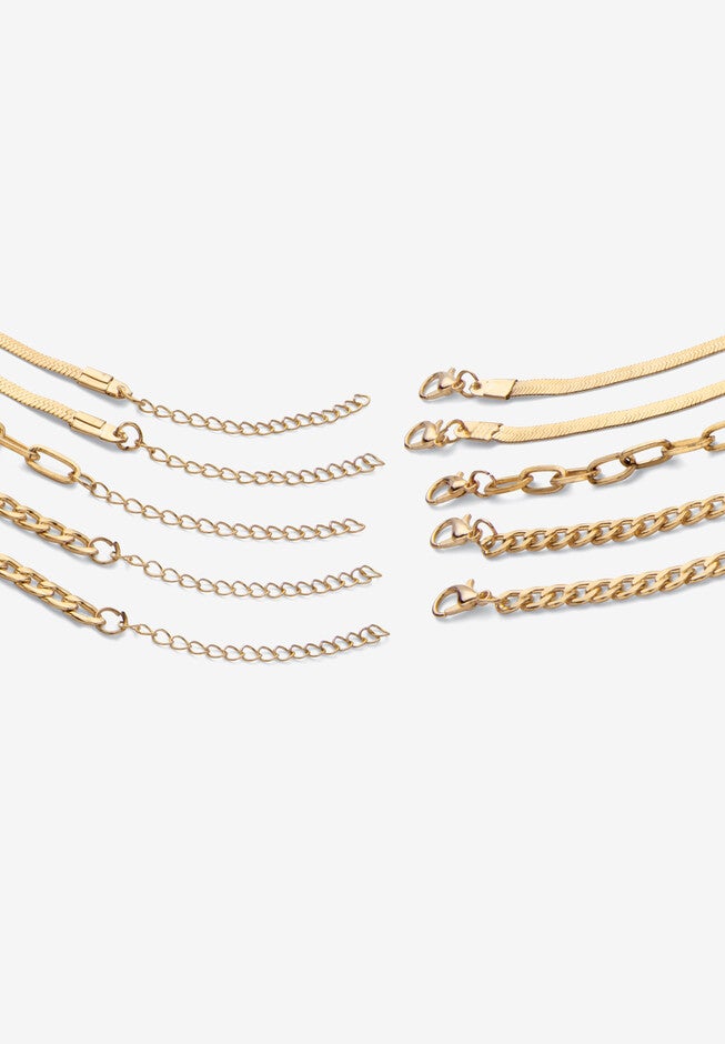 5 Piece Herringbone, Curb & Cable Link Ankle Bracelet Set Goldtone 9 inches Length Jewelry, , on-hover image number 1