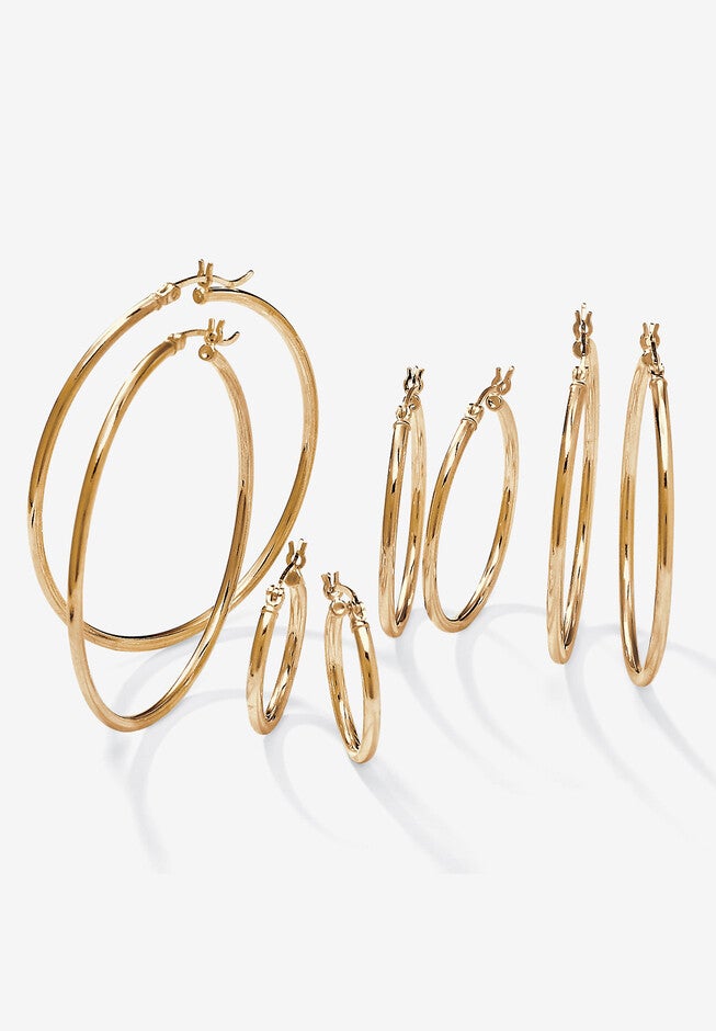 4-Pair Set Gold-Plated Sterling Silver Polished Hoop Earrings Jewelry, GOLD, hi-res image number 0