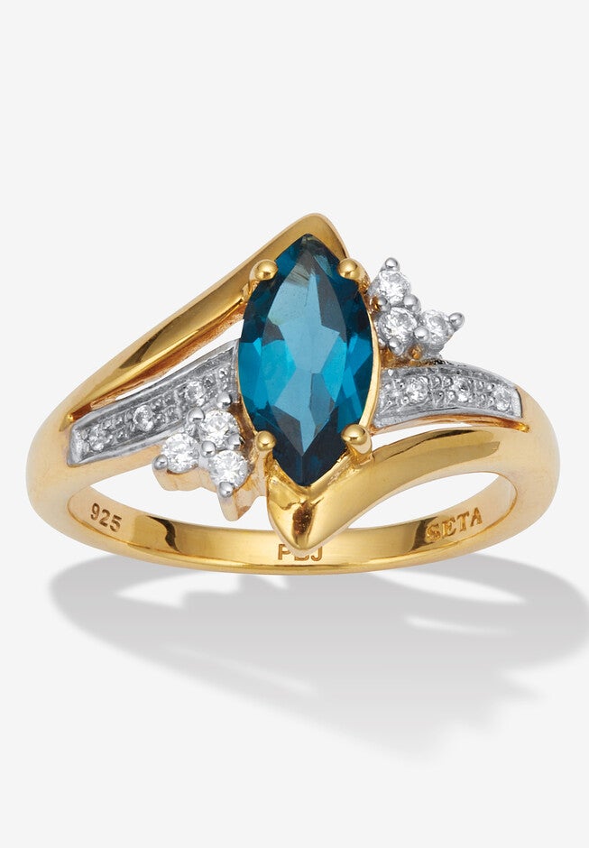 1.32 Tcw Marquise Cut Topaz And Cz 18K Yellow Gold-Plated Sterling Silver Ring, BLUE, hi-res image number null
