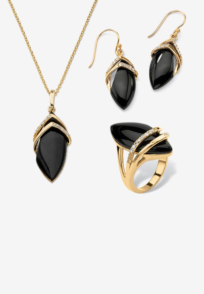 Yellow Gold-Plated Marquise Shaped Onyx And Round Ring Cubic Zirconia (1/2 Cttw) Jewelry, ONYX, hi-res image number null