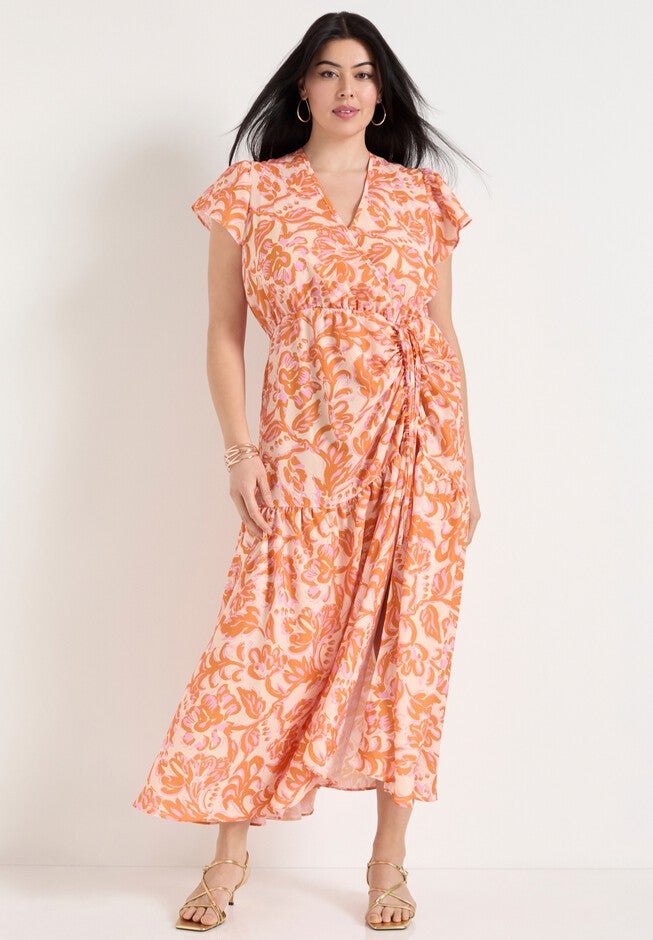 Faux-Wrap Maxi Dress, BOUQUET ORANGE, alternate image number null