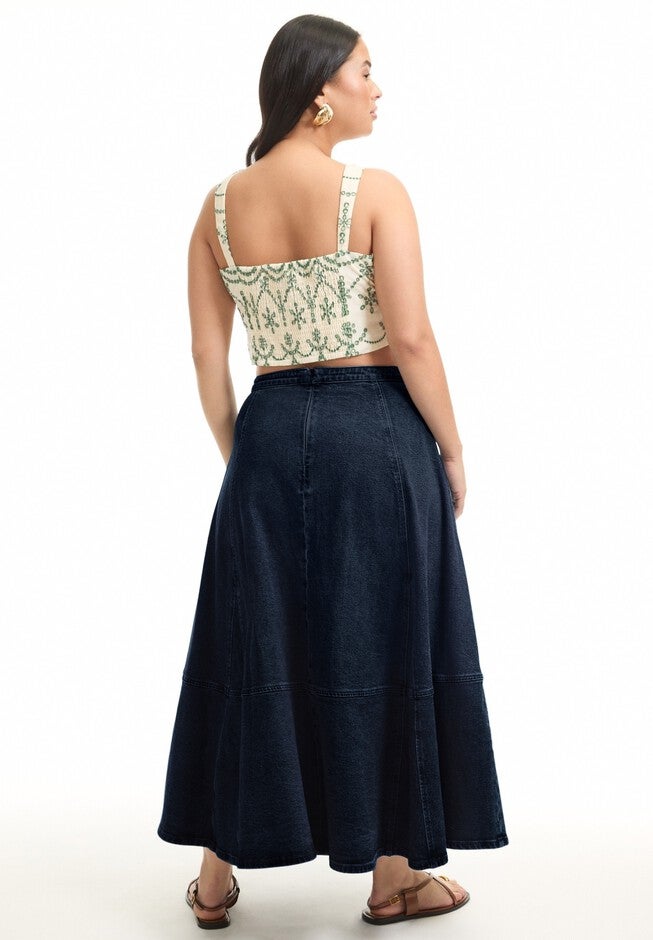 Fit-And-Flare Denim Midi Skirt, DARK RINSE, alternate image number 2