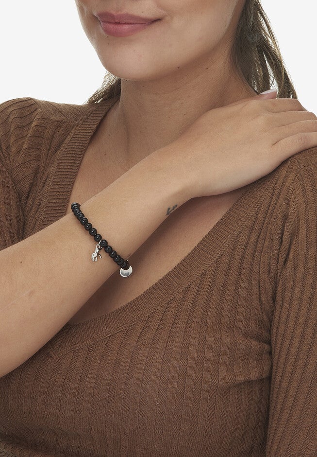 Natural Black Onyx Silvertone Elephant Charm Bangle, 7.5 Inches, , alternate image number 2