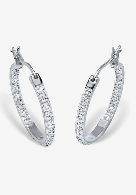 Platinum over Sterling Silver Genuine Diamond Hoop Earrings, SILVER, hi-res image number null