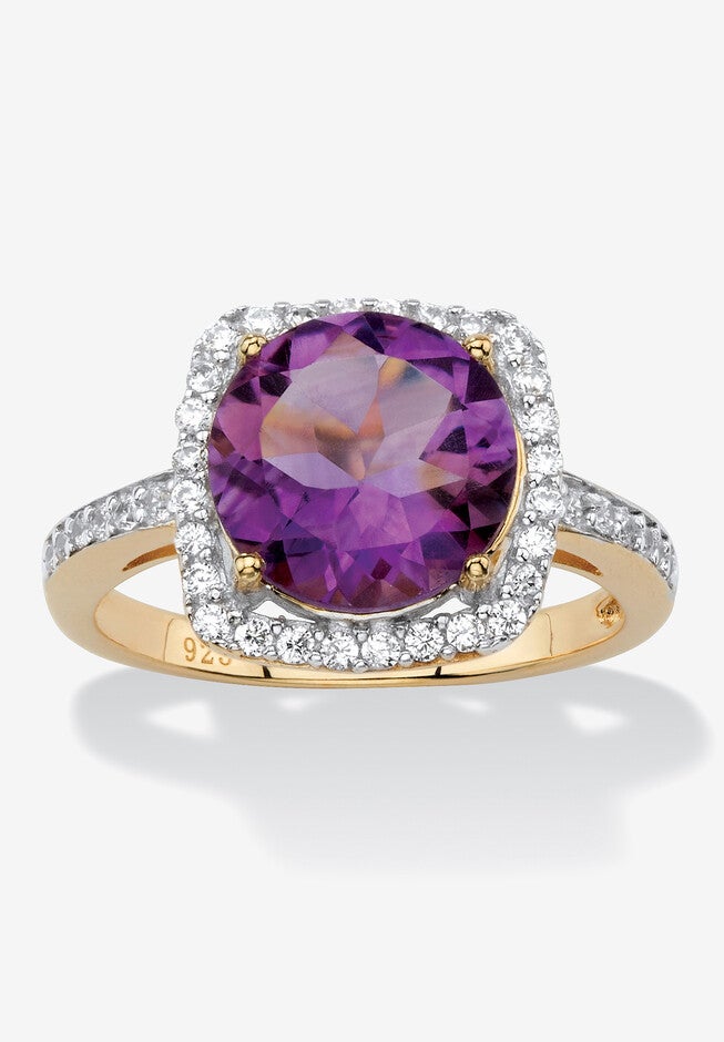14K Yellow Gold Over Sterling Silver Amethyst And Cubic Zirconia Ring, GOLD, hi-res image number 0