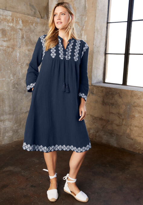 Embroidered Peasant Dress, NAVY, hi-res image number null